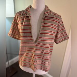 Zara Women's 70s Retro Style Cropped Pullover Knit V-Neck Collared Sweater Top M